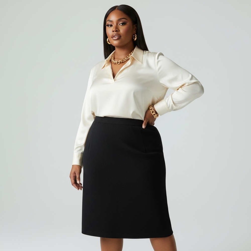 St. John Classic Black Santana Knit Pull On Pencil Skirt Quiet Luxury old money